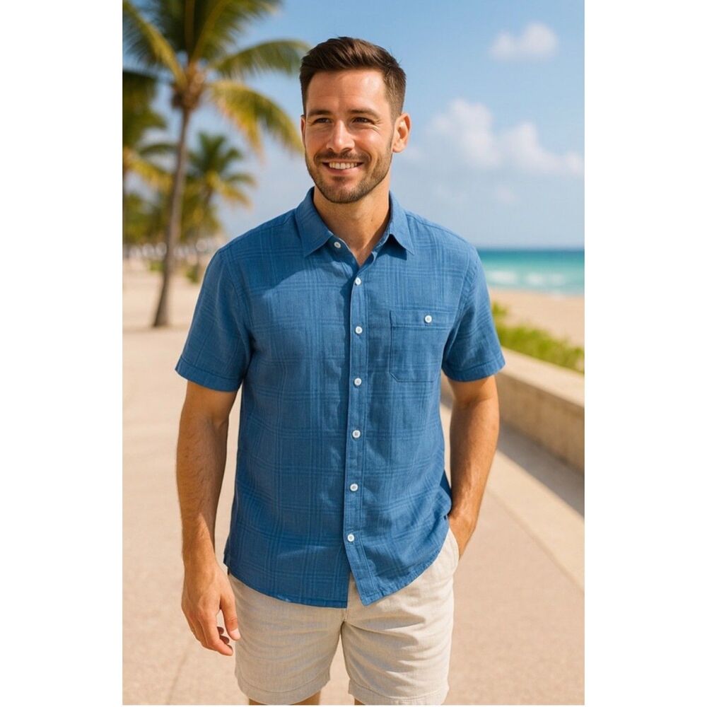 Tommy Bahama 100% Linen Textured Short Sleeve Button-Up Shirt M Resort Classic